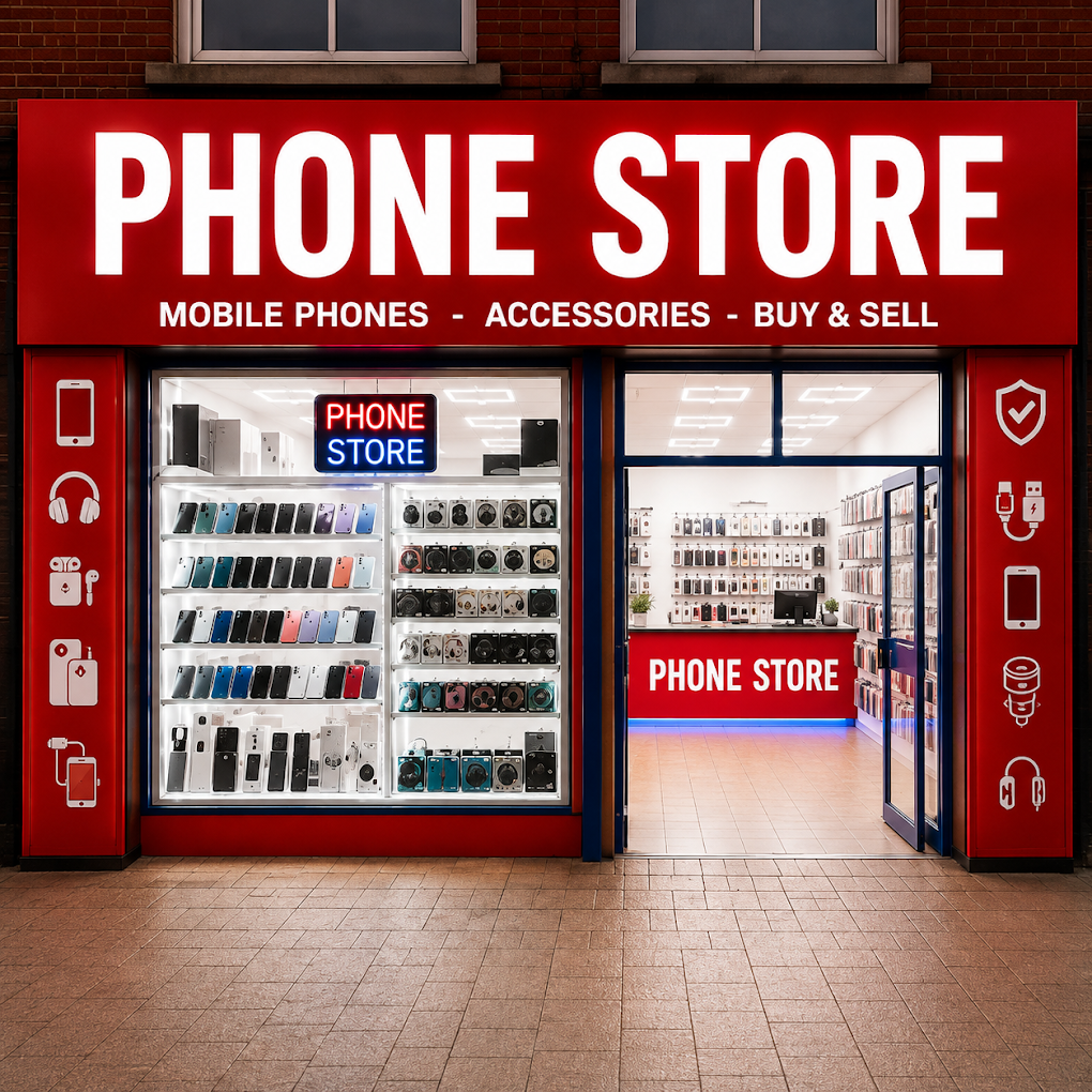 Phone Shop Ormskirk storefront on Aughton Street, lit up at night